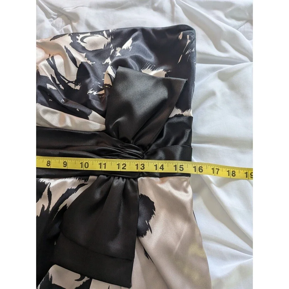 WHBM Dress Womens 12 Beige Black Floral Satin Bow Strapless Formal Cocktail Glam - Picture 15 of 16